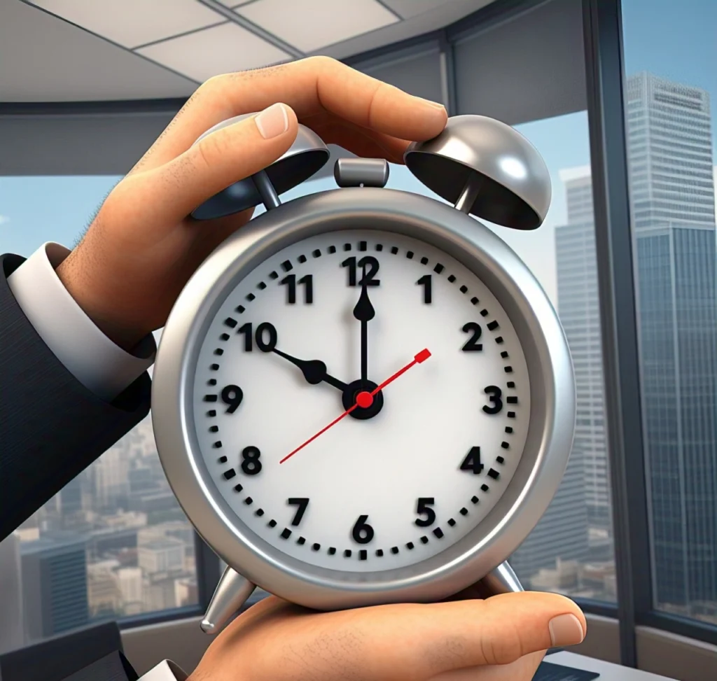 A businessman puts clock on his hand, which shows time boundation of the work