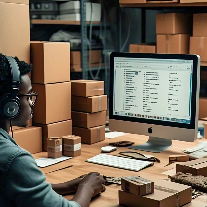 A man working on computer in a warehouse